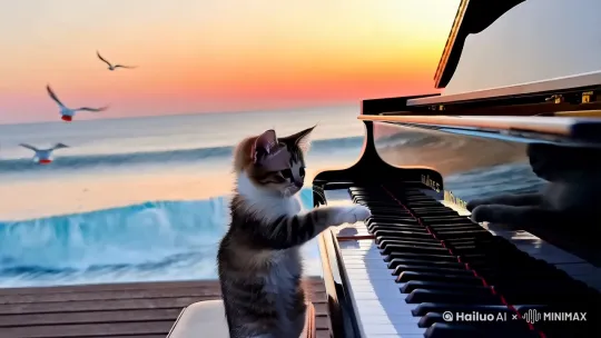 小猫海边弹琴 by Hailuo AI Video Generator