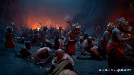 无间地狱中，无数恶鬼夜叉拿着铁叉刺向罪人 by Hailuo AI Video Generator