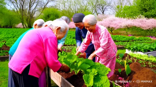 春日的公园里，老人们正在给菜园培土，泥土的芬芳混合着他们的欢声笑语，仿佛春天的旋律在他们中间流淌。中国式老人，视频时间长一点 by Hailuo AI Video Generator
