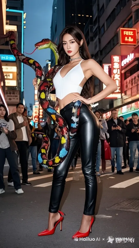 镜头动态跟随，美女扭动这身体，非常的性感妩媚，蛇吐着舌头也扭动这，周围人来人往都望向美女 by Hailuo AI Video Generator