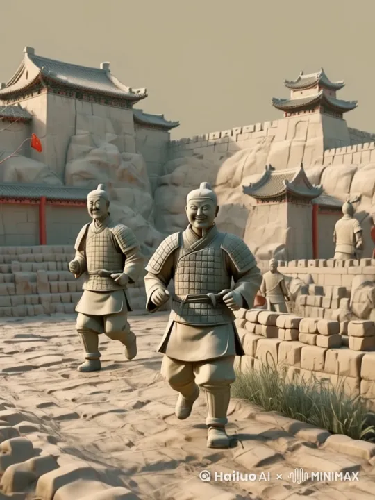 画面中的兵马俑正开心的跑过来，微风拂动，阳光从天空划过 by Hailuo AI Video Generator
