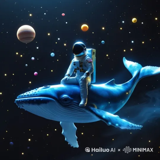 鲸鱼在游动，星球在缓慢移动，宇航员挥手致敬 by Hailuo AI Video Generator