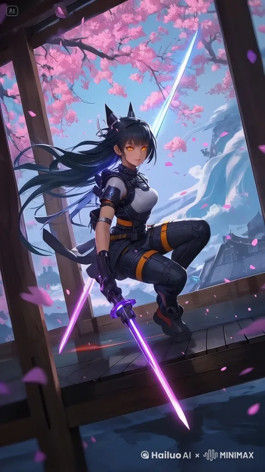 人物主体不动，镜头固定，微风吹动，发丝飘逸，花瓣飘落 by Hailuo AI Video Generator