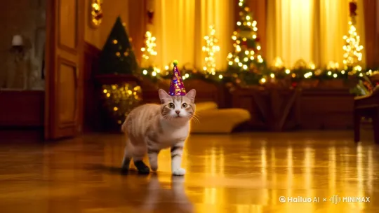 祝新年快乐，万事如意，合家欢乐，小猫给大家拜年啦，节日期间大家都吃什么好吃的了呢？晒出来分享一下吧 by Hailuo AI Video Generator