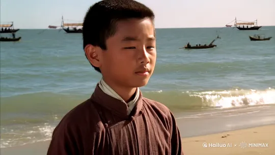 一个中国男生站在海边，远处有船向远方航行，他望着海浪陷入沉思 by Hailuo AI Video Generator