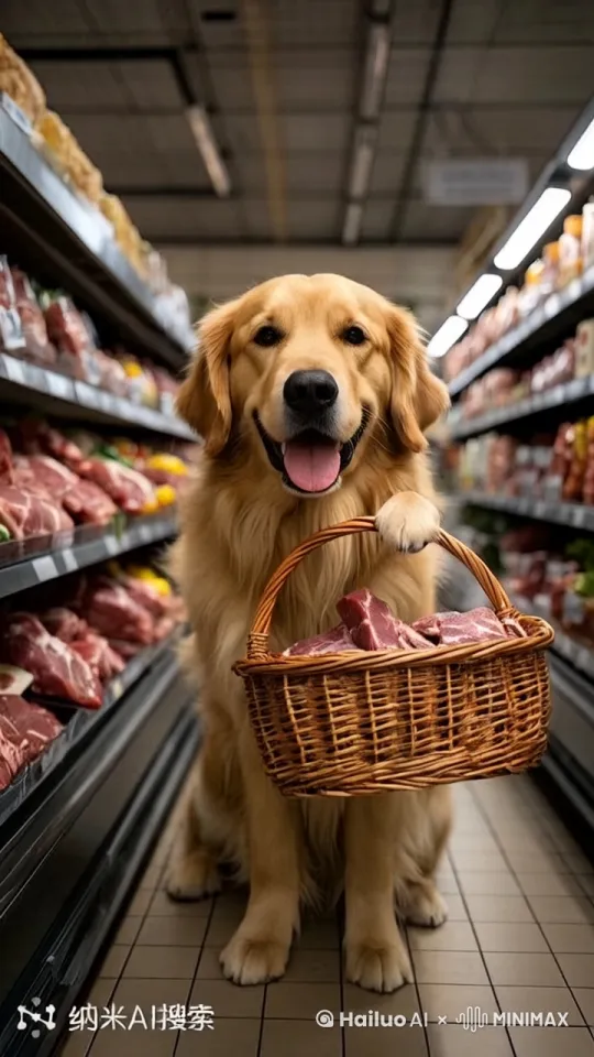 把图生成视频，自然，金毛狗在开心的一块一块挑选肉 by Hailuo AI Video Generator