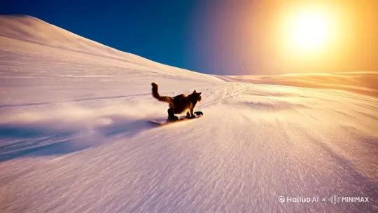 猫敏捷地从斜坡上滑下来，滑雪板在雪地上划出光滑的弧线。它的尾巴拖在后面，以完美的精度平衡它的运动。超真实动态捕捉，镜头拉近，镜头跟随主体进行拍摄，大片既视感 by Hailuo AI Video Generator
