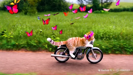 小猫头带花环骑着摩托车，在田间小路，蝴蝶在身后飞舞。[跟随] by Hailuo AI Video Generator