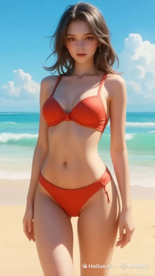 阳光洒在细腻的沙滩上，一个美丽的少女穿着红色比基尼，显得格外耀眼。她轻盈地漫步在海边，海风轻拂，吹动着她柔顺的秀发。她微微侧头，纤细的手指挽起一缕发丝，动作优雅而自然。脚下的沙子软软的，随着步伐留下一串浅浅的脚印。远处海浪轻轻拍打着岸边，发出柔和的哗哗声，仿佛在为她的漫步伴奏。她时而低头凝视海浪，时而抬头眺望远方的天际，脸上带着淡淡的微笑，宛如一幅动人的画卷。 by Hailuo AI Video Generator