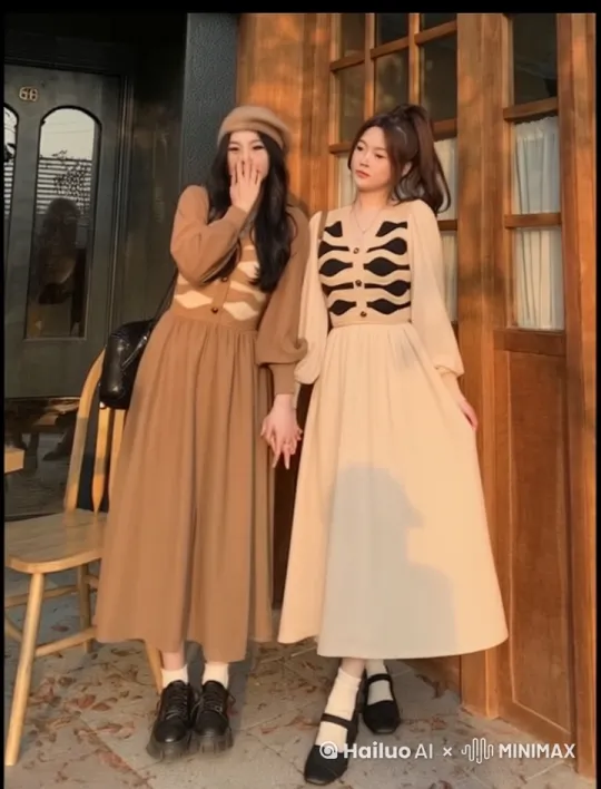 洋气假两件针织连衣裙女装秋冬季气质v领过膝裙中长遮肚显瘦a字裙 by Hailuo AI Video Generator