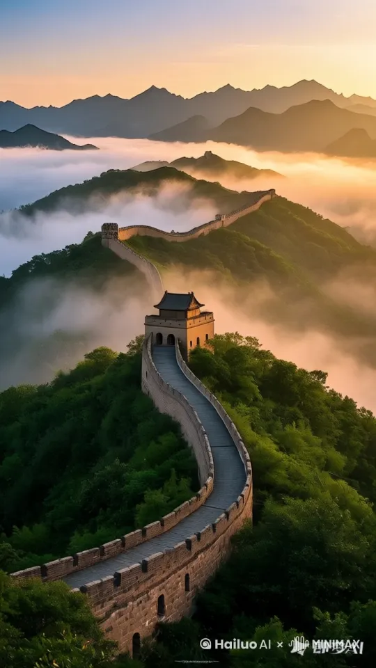 	“古老的长城蜿蜒在群山之间，阳光洒在城墙上形成金色的光影。”
	●	“云海在山间流动，长城若隐若现，仿佛一条巨龙。”
	●	“一群年轻人在长城上奔跑，背景是壮丽的山峦。”
 by Hailuo AI Video Generator