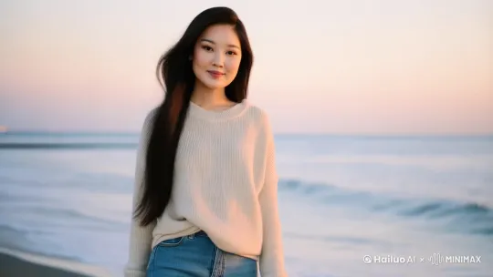 人物会动，眨眼，微笑，向前走一步，背景为大海边。 by Hailuo AI Video Generator
