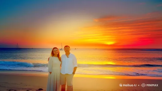 爱人前景或在中景，背景为夕阳和大海。
- 服装搭配：选择与傍晚海边氛围相符的服装，如浅色连衣裙、休闲衬衫等。
 
2. 画面构图与角度 
- 三分法构图：将人物放在画面的三分之一处，留出更多的空间给夕阳和大海。
- 仰视角度：适当使用仰视角度拍摄夕阳，增强夕阳的壮丽感。
- 动态构图：利用海浪、风帆等动态元素增加画面的生动感。
 
3. 色彩与光影 
- 暖色调：利用夕阳的暖色调（橙色、红色、金色）为主色调，营造温馨浪漫的氛围。
- 逆光效果：适当使用逆光效果，使人物和景物边缘产生柔和的光晕。
- 渐变滤镜：使用渐变滤镜增强天空的层次感。
 
4. 音乐与旁白 
- 背景音乐：选择轻柔的钢琴曲或新世纪音乐，增强浪漫氛围。
- 旁白：加入一段温柔的旁白，描述你们在一起的美好时光。
 
5. 特效与滤镜 
- 动态光晕：在夕阳周围添加动态光晕效果，增强视觉冲击力。
- 慢动作特效：将落日过程放慢，突出唯美瞬间。
- 颗粒感滤镜：适当添加颗粒感滤镜，增加画面质感。
 
6. 文字与图标 
- 时间与地点：在画面一角添加时间、地点等信息。
- 浪漫符号：添加心形、月亮等浪漫符号。
- 字幕：在关键画面添加简短字幕，如“爱在日落时分”。
 
7. 结尾设计 
- 镜头拉远：以镜头拉远的方式结束视频，展现整个海滩和夕阳。
- 感谢话语：在结尾添加一句感谢的话语，如“感谢有你陪伴”。 by Hailuo AI Video Generator