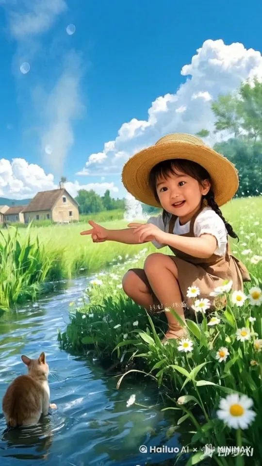 小女孩抱起小猫，举过头顶，高兴的转圈圈 by Hailuo AI Video Generator