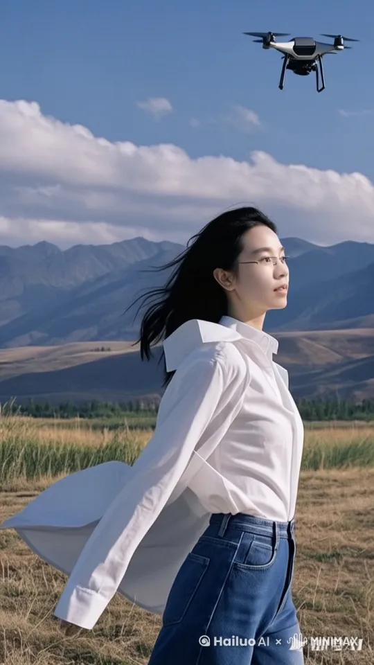 一个女人在崇山峻岭中飞翔。快速高空跟踪镜头移动，无人机视角，一个超现实的高速梦境序列，一个美女向前飞行，轻松地在山之间滑行，双臂向两侧伸展，头部向前，捕捉平滑水平飞行的感觉。头发、衣服随风摇摆，相机紧密跟踪，保持对站立姿势的持续视角，随着角色迅速穿越场景。环境是动态的，快速变化，下面有云层和山脉，不断往后掠过的白云，运动模糊和光迹增强了速度感和流畅性。快速移动。 by Hailuo AI Video Generator
