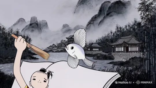 "中国传统水墨画风格的动画，描绘‘神笔马良’的故事。画面中，少年马良手持神笔，画出一条栩栩如生的鱼，鱼从纸上跃出，跳入流动的溪水中。背景是雾气缭绕的群山、竹林和一座传统中式村落。动画流畅，笔触柔和，整体色调以黑白灰为主，水面点缀淡淡的灰色。画面充满魔幻与宁静的氛围，突出水墨艺术的简约与鱼跃出纸面的动态对比。时间长度10秒钟"[左移,上升] by Hailuo AI Video Generator