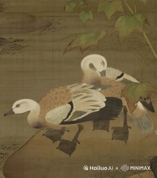 固定镜头，大雁在岸边梳理毛发 by Hailuo AI Video Generator
