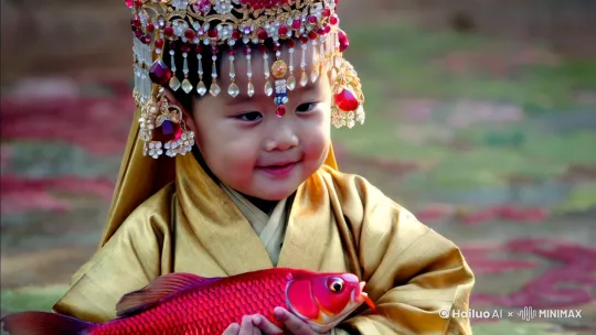 一个身穿金色服装，头戴镶着红宝石和钻石的漂亮人类幼崽抱着一条红色鲤鱼送祝福 by Hailuo AI Video Generator