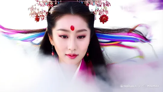 人像摄影，一位唐代美女，(脸部特写:1.2），眉心有个红
色印记，精美的发饰，长发飘飘，粉紫配色汉服，多色丝带，造型
柔和，，白色背景，表情温柔,，光泽细腻。女人飞到摄像机前，脸部特写，摄像机跟随女人拍摄，女人在云中
快速的飞行，最后飞向远方，多云的天空云层密布，美丽的细节天
空，紫色闪电，仙侠电影镜头画面，史诗般的电影特效，
天空，有紫色闪电，全景，有山，有瀑布，有树
[左移,上升] by Hailuo AI Video Generator