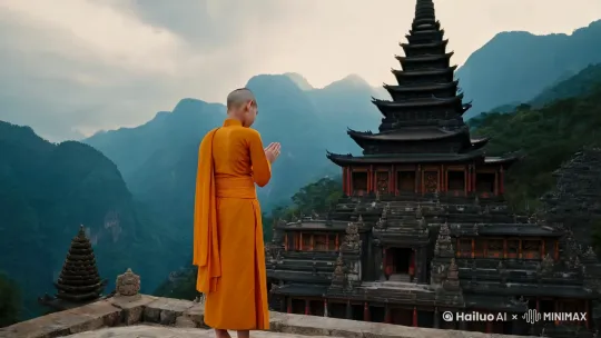 可爱的小沙弥，站在深山古刹大门前，背对古刹，合掌祈求，瓷娃娃滤镜，高清 8k 胶片摄影 by Hailuo AI Video Generator