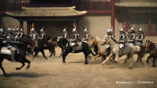 移轴摄影长安城骑兵铠甲奔跑 by Hailuo AI Video Generator