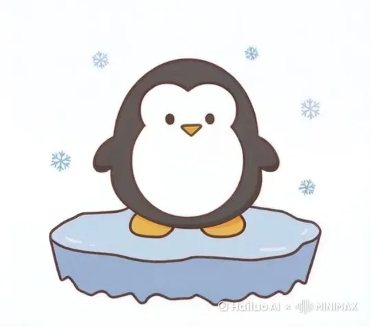 冰上的企鹅转身拿起企鹅牌的小鱼竿然后垂钓 by Hailuo AI Video Generator