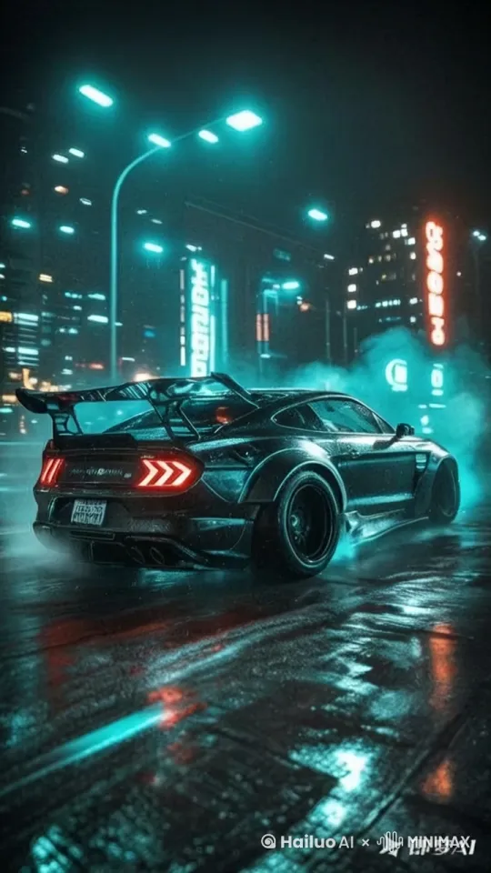 "Ultra HD 8K, cinematic dynamic angle, 
nighttime rainy urban highway scene, 
black modified sports car performing aggressive drift, 
neon lights reflecting on wet asphalt, 
thick tire smoke mixed with water spray, 
hyper-realistic slow motion capture(0.5x), 
dramatic chiaroscuro lighting with cyan highlights, 
volumetric light beams from street lamps, 
intense engine roar SFX layered with tire screech, 
no license plate, 
film grain texture, 
Unreal Engine 5 rendering, 
--ar 9:16 --v 6.0" by Hailuo AI Video Generator