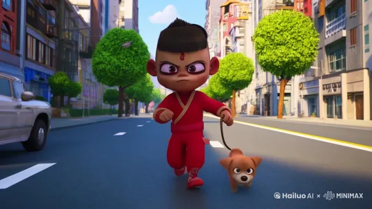 在城市的道路中，牵着一条小狗，在马路当中行走。马路两旁的房子比较小，比人物的高度要低。人物一遍走，一边踩扁旁边的房子。狗在房子边上撒尿。 by Hailuo AI Video Generator