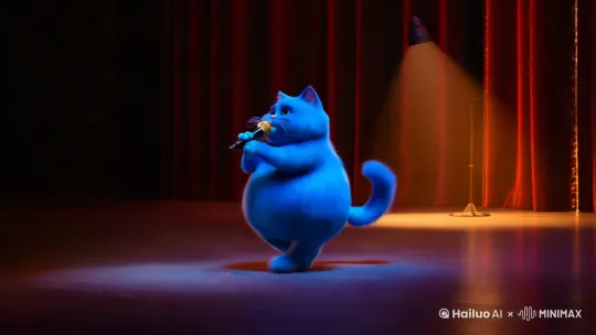 一只蓝色的胖胖的猫边，走路边拿着麦克风唱歌 by Hailuo AI Video Generator