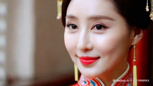 她柳眉杏眼，琼鼻樱唇，肤若凝脂，一袭旗袍勾勒曼妙身姿，浅笑间尽显东方韵味，明艳动人。 by Hailuo AI Video Generator