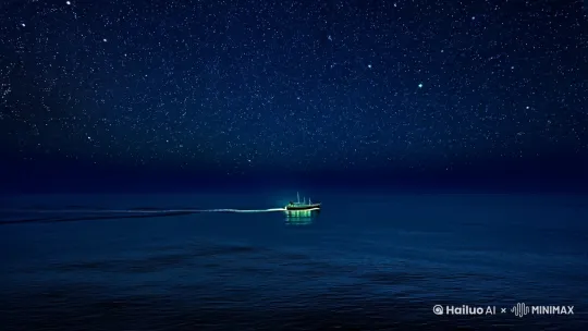 一条船夜晚在大海里航行，天空很多星星 by Hailuo AI Video Generator