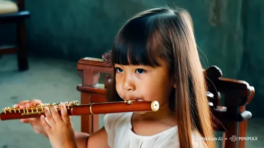 一个留着刘海，披着棕色的长发的小女孩 坐在椅子上吹笛子《映山红》[下降,上摇] by Hailuo AI Video Generator