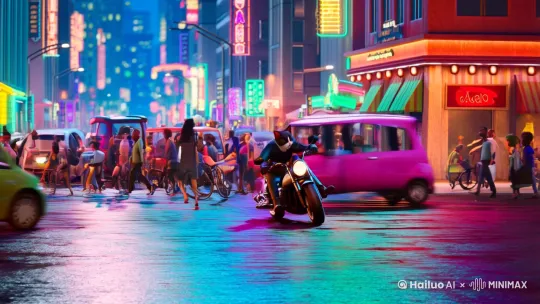 一只猫头人身在繁华的街道骑摩托车 by Hailuo AI Video Generator