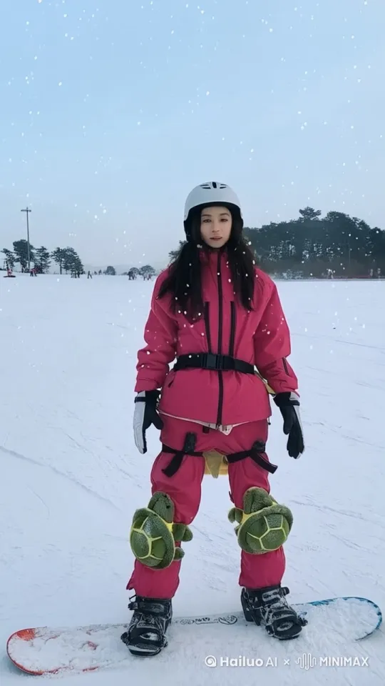 在冰天雪地的滑雪场，一个穿着三点式的美女正在滑雪，天气虽然很冷，但是滑雪的美女好像感觉不到寒冷，很是开心兴奋，这是从远处跑来一只东北虎，老虎前爪搭在了美女的肩头，和美女一起玩闹 by Hailuo AI Video Generator