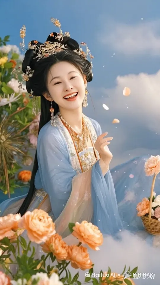 看到姐妹们来了，开心的笑了，这时飞来了一只蝴蝶 by Hailuo AI Video Generator