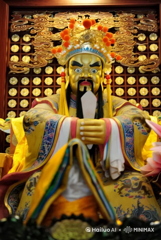 五爷先起身上下摆动手臂拜年，然后挥手撒下金元宝。背景发金光，佛像胡须飘动 by Hailuo AI Video Generator
