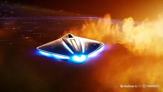 "8K sci-fi cinematic sequence, alien triangular UFO with glowing plasma thrusters warping through nebula dust clouds, hyper-speed interstellar travel with warp distortion trails, cinematic camera dolly zoom effect, volumetric lighting from dying star core, fractal crystal meteorites shattering in proximity, black hole accretion disc background, Dolby Atmos deep bass sound design, trending on SpaceTok --ar 9:16 --v 6.0" by Hailuo AI Video Generator