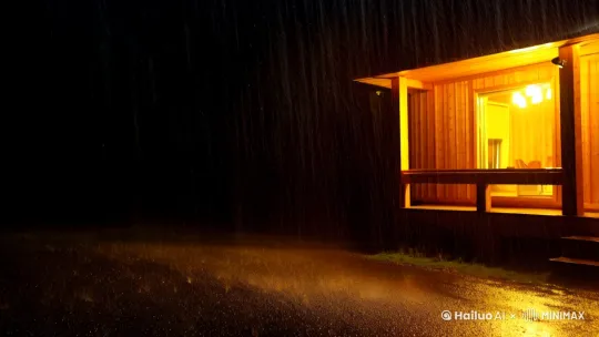 大雨滂泼的夜晚，小屋里透出温暖的灯光，充满温馨 by Hailuo AI Video Generator