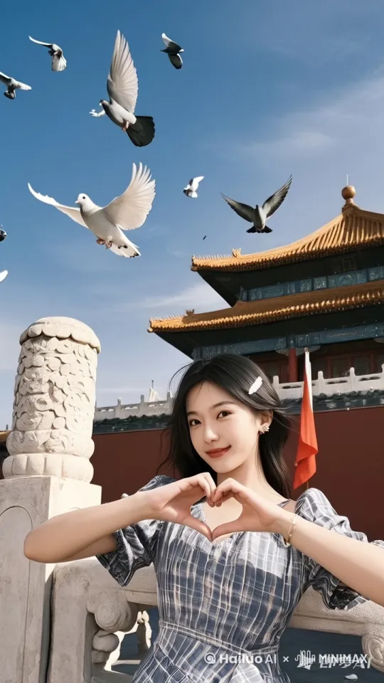 红旗迎风飘扬，鸽子从女生头顶飞过，女生比心之后张开双手做拥抱姿势。 by Hailuo AI Video Generator