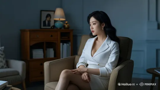 这是一个被采访的女性。需要让她一边说话一边做一些肢体动作（比如用左手的手背拍右手手掌，或换个姿势翘二郎腿等等），一边做一些不同的表情（比如疑惑，眼神飘忽，质疑，认同并赞美等等） by Hailuo AI Video Generator