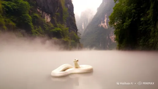 一条白蛇在深山中修炼，四周云雾缭绕，时间飞逝，象征她千年的等待。 by Hailuo AI Video Generator