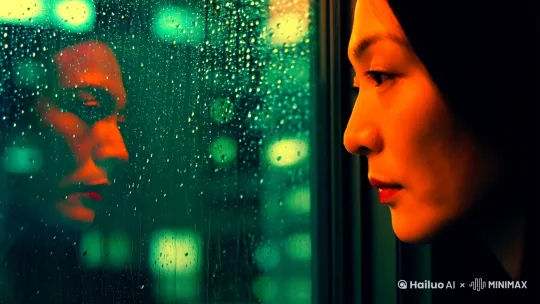阴雨城市窗景,模糊侧脸剪影(背光),瞳孔倒映棱镜碎片,电影感暗调青橙色,朦胧美学,高对比度照明,雨滴在玻璃上的折射畸变,35mm胶片颗粒,王家卫式构图 by Hailuo AI Video Generator