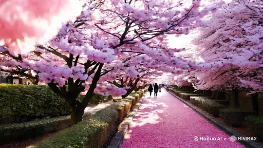 (Ultra-detailed), (best quality), (masterpiece), 
浪漫的樱花大道, 春日场景, 两侧整齐排列的樱花树, 
满开粉色樱花层层叠叠, 花瓣如云似霞, 阳光穿透花枝形成丁达尔光束, 
地面覆盖粉色花瓣地毯, 远处朦胧人影, 温暖梦幻氛围, 柔美诗意, 4k细节
(Romantic sakura avenue), spring scenery, neatly lined cherry blossom trees on both sides, 
full bloom pink sakura in layers, petals like clouds and rosy clouds, sunlight penetrating branches creating Tyndall beams, 
ground covered with pink petal carpet, distant blurred figures, warm dreamy atmosphere, soft and poetic, 4k details, 
--ar 16:9 --v 5.2 by Hailuo AI Video Generator