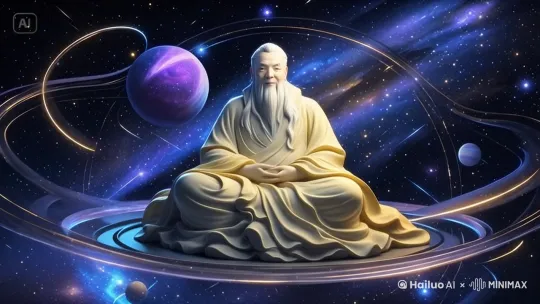 动起来，老子一只手轻轻的抚摸着胡须，面带笑容，嘴里念着经文，背景里的星辰大海慢慢的转动，8K高清，电影效果。 by Hailuo AI Video Generator