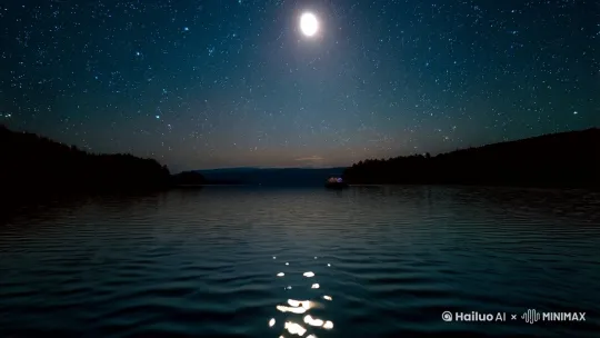 [推进,上升]宁静的湖面，映照满天的繁星，皎洁的明月冉冉升起，有一种 醉后不知天在水，满船清梦压星河的即视感 by Hailuo AI Video Generator