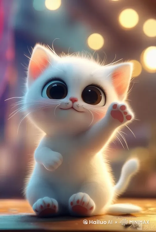 猫咪挥着手，开心的笑着，唱着歌，手舞足蹈起来， by Hailuo AI Video Generator
