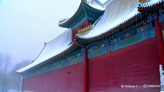 《朱墙听雪》
故宫的琉璃红墙凝成一片绛色烟霞，九寸积雪沿着歇山顶温柔垂落。冰晶坠在鎏金走兽的犄角，六棱雪花穿过百年松柏的针叶，惊醒了蛰伏在宫墙根下的绿萼梅。一株老石榴从汉白玉阑干斜逸而出，冻僵的果实仍裹着朱砂色外衣，与墙内隐约显露的明黄琉璃瓦形成冷暖碰撞。穿堂风掠过万字纹花窗，将碎玉般的雪粒卷进回廊，恰似宣德年间某位画师失手抖落的青绿颜料。 by Hailuo AI Video Generator