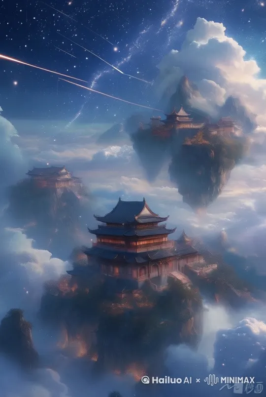 云上宫殿朦胧出现，风云变幻。镜头从全景开始，缓慢推进至中景，再逐渐拉回到全景，同时跟随流星的飞过和风云的变化进行适当的左右摇移。 by Hailuo AI Video Generator