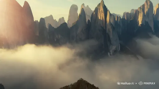 群山环绕，云雾缭绕，仿佛置身于仙境之中，令人流连忘返。 by Hailuo AI Video Generator