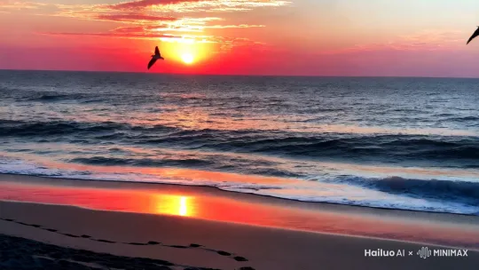 镜头1（远景）：**  
画面从一片辽阔的海面缓缓拉开，夕阳低垂，橙红色的光芒洒在海面上，波光粼粼，仿佛无数金色的碎片在跳动。远处的地平线被染成温暖的橘红色，天空由深蓝渐变为粉紫，几朵淡淡的云彩被夕阳镶上了金边。海鸥在远处低飞，偶尔发出几声悠长的鸣叫，声音在空旷的海面上回荡。  

**镜头2（中景）：**  
镜头慢慢拉近，聚焦在海滩上。海浪轻轻拍打着沙滩，发出低沉而舒缓的声音。沙滩上留下一串孤独的脚印，脚印的尽头是一个模糊的背影。那是一个人的身影，静静地站在海边，面朝落日，仿佛在与大海对话。他的衣角被海风轻轻吹起，背影显得格外单薄而落寞。  

**镜头3（特写）：**  
镜头切换到背影的特写，画面中可以看到他微微低垂的头，双手插在口袋里，肩膀有些沉重。海风吹乱了他的头发，但他的身影却一动不动，仿佛沉浸在自己的思绪中。镜头缓缓下移，聚焦在他的脚下，海浪一次次漫过他的鞋边，又缓缓退去，仿佛在试图抚慰他的孤独。  

**镜头4（空镜）：**  
镜头转向天空，几只海鸥在夕阳下盘旋，它们的影子被拉得很长，投射在海面上。海鸥的叫声与海浪的声音交织在一起，营造出一种空旷而寂寥的氛围。夕阳渐渐沉入海平面，天空的颜色由橙红转为深蓝，最后一丝光芒消失在地平线上。  

**镜头5（全景）：**  
镜头缓缓拉远，画面中只剩下那个孤独的背影，站在渐渐暗下来的海滩上。海浪依旧在轻轻拍打着沙滩，海鸥的叫声渐渐远去，整个画面被一种淡淡的伤感笼罩。最后，镜头定格在一片昏暗的海面上，只剩下海浪的声音在耳边回响，仿佛在诉说着未完的故事。   by Hailuo AI Video Generator